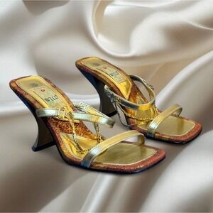 Y2K Gold Chain Flare Heeled Strappy Sandals – Wild Rose – Size 8 Boho Goddess